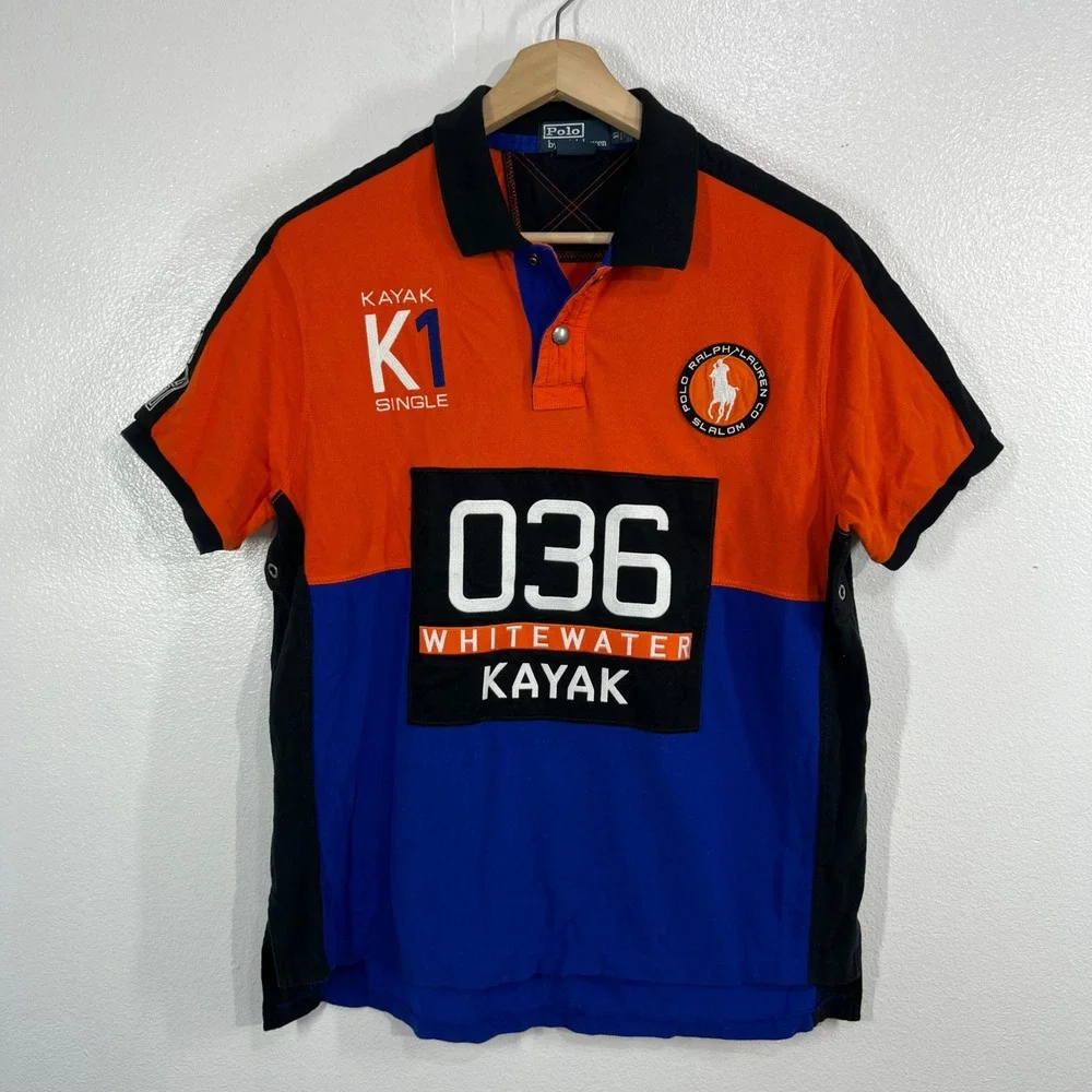 Vtg. Polo Ralph Lauren Men XL Custom Fit Kayak Expedition K1 Graphic Polo Shirt
